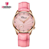 Chenx Fashion Female's Watches Pink Leather Girl Wristwatches Elegant Diamond Quartz Clocks comfortable Buckle Round Case hour