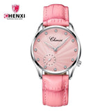 Chenx Fashion Female's Watches Pink Leather Girl Wristwatches Elegant Diamond Quartz Clocks comfortable Buckle Round Case hour