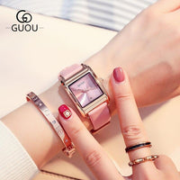 2018 Fashion GUOU Brand Simple Style Rose Gold Rectangle Dial Leather Women' Female' Quartz Wrist Watch Gift High Quality